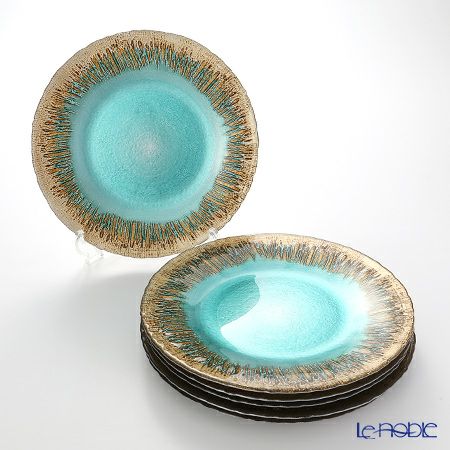 Vetro Felice ヴェトロ フェリーチェ フラッシュ プレート 28cm ターコイズブルー×ゴールド 6枚セット