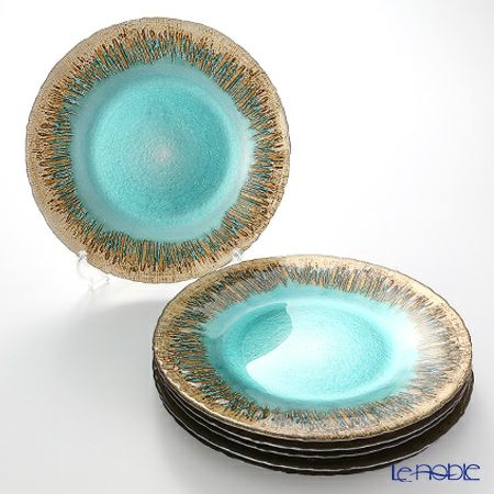 Vetro Felice ヴェトロ フェリーチェ フラッシュ プレート 33cm ターコイズブルー＆ゴールド 6枚セット