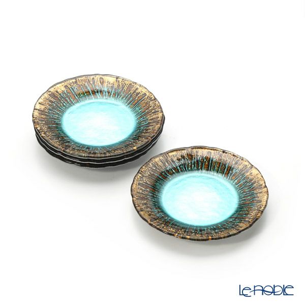 Vetro Felice ヴェトロ フェリーチェ フラッシュ プレート 15cm ターコイズブルー＆ゴールド 4枚セット