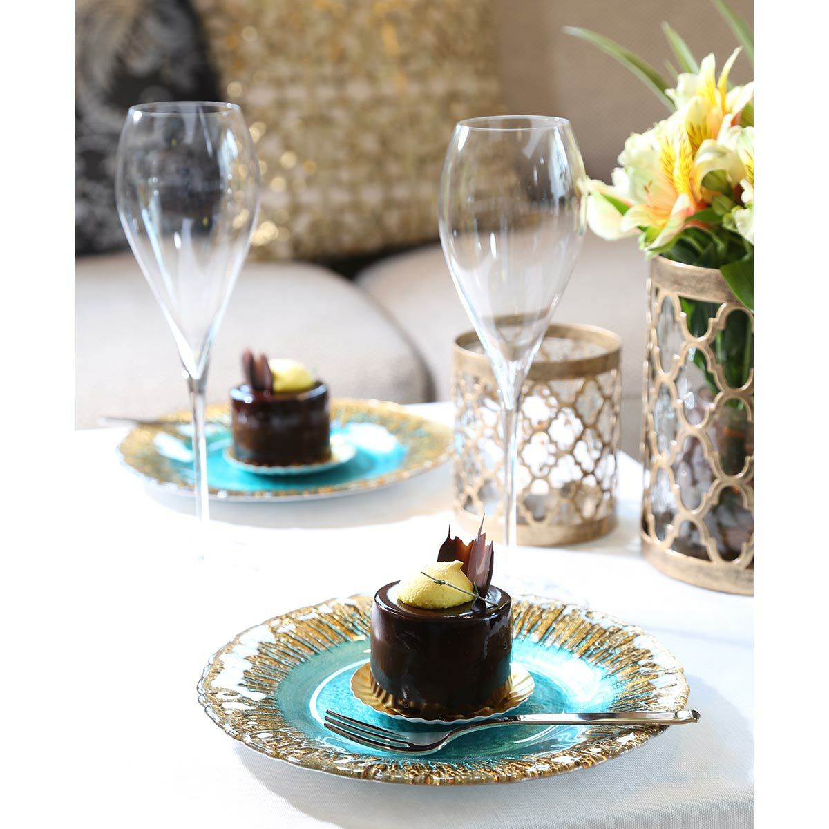 Vetro Felice ヴェトロ フェリーチェ フラッシュ プレート 15cm ターコイズブルー＆ゴールド 4枚セット