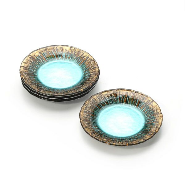 Vetro Felice ヴェトロ フェリーチェ フラッシュ プレート 15cm ターコイズブルー＆ゴールド 4枚セット