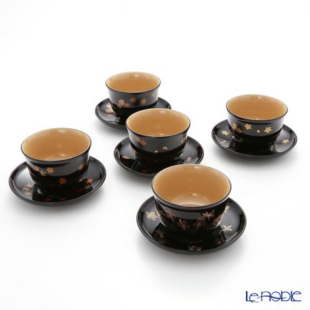 【伝統工芸】輪島塗 湯呑＆茶托 5客揃小花 坂口政昭氏作