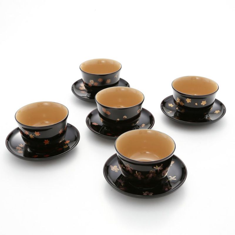 【伝統工芸】輪島塗 湯呑＆茶托 5客揃小花 坂口政昭氏作