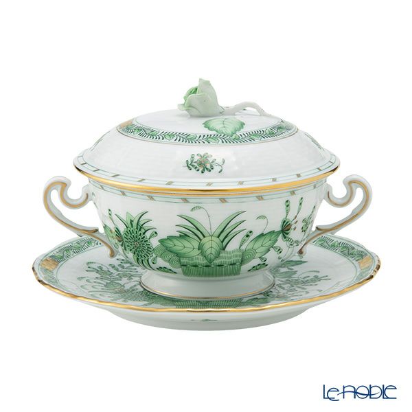 ヘレンド インドの華グリーン FV スープカップ＆ソーサー 蓋付 00744-0-09