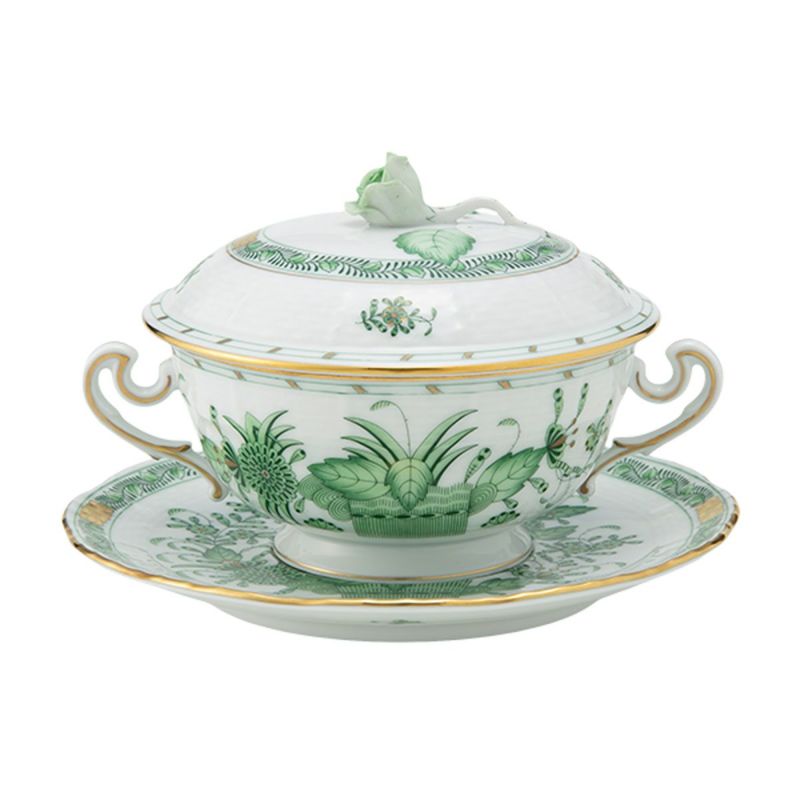 ヘレンド インドの華グリーン FV スープカップ＆ソーサー 蓋付 00744-0-09