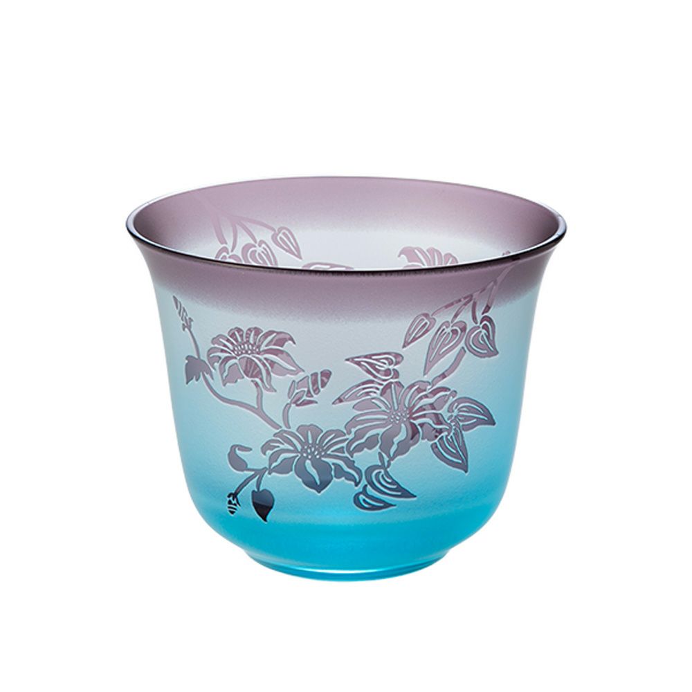 太武朗工房／タブロー 彫刻硝子 夢柄子 鉄線紋 冷茶椀 ブルー／パープル 180ml 3505