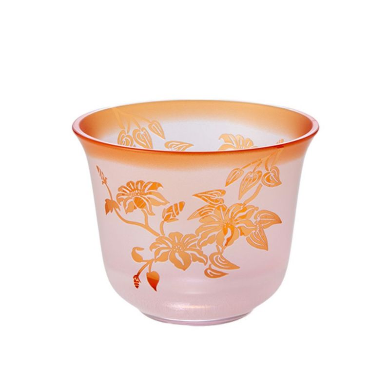 太武朗工房／タブロー 彫刻硝子 夢柄子 鉄線紋 冷茶椀 ピンク／レッド 180ml 4305