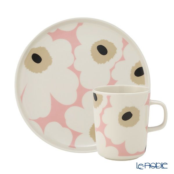 マリメッコ（marimekko） Unikko ウニッコ／けしの花 2点セット プレート 20cm ＆ マグカップ 250ml ホワイト×ピンク×ベージュ