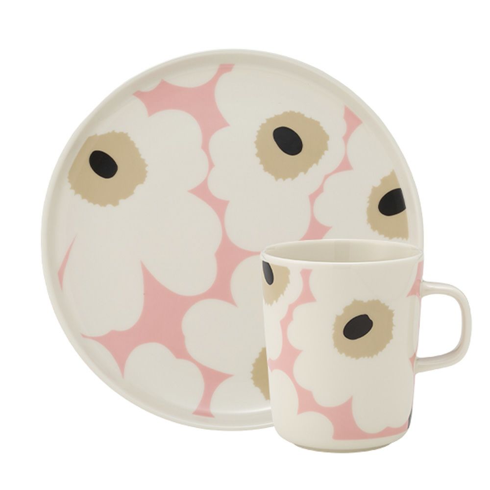 マリメッコ（marimekko） Unikko ウニッコ／けしの花 2点セット プレート 20cm ＆ マグカップ 250ml ホワイト×ピンク×ベージュ