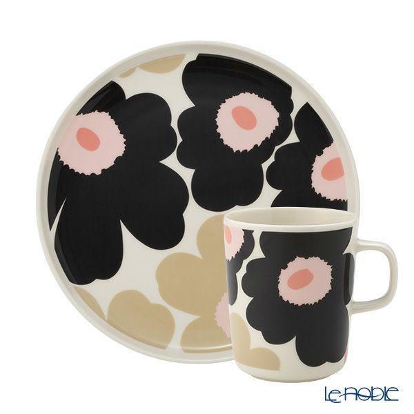 マリメッコ（marimekko） Unikko ウニッコ／けしの花 2点セット プレート 20cm ＆ マグカップ 250ml ホワイト×ピンク×チャコール