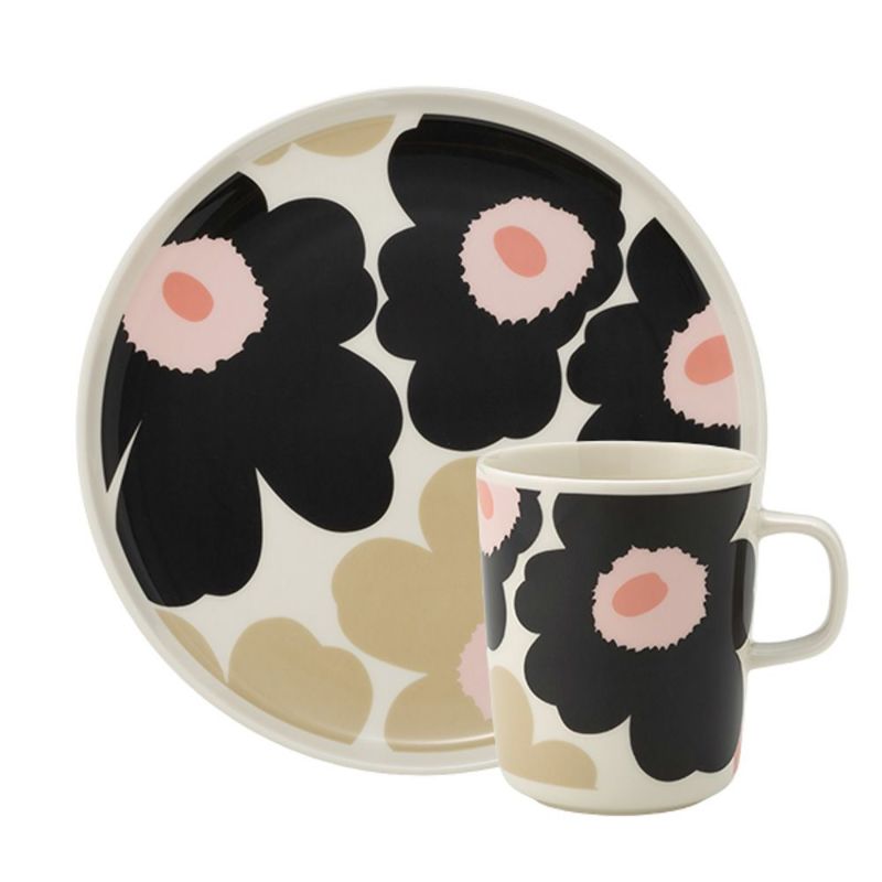 マリメッコ（marimekko） Unikko ウニッコ／けしの花 2点セット プレート 20cm ＆ マグカップ 250ml ホワイト×ピンク×チャコール