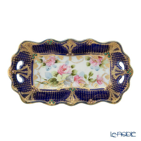 【1点限り】オールドノリタケ 金盛り コバルトジュール 薔薇文両手付長方形型 メープルリーフ印 1891-1912
