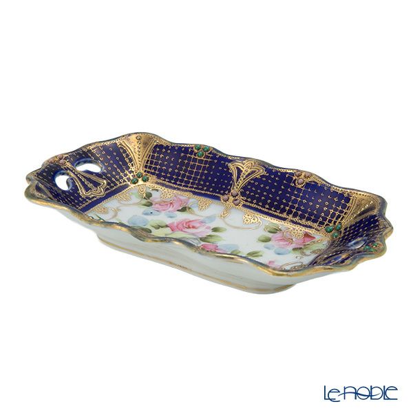 【1点限り】オールドノリタケ 金盛り コバルトジュール 薔薇文両手付長方形型 メープルリーフ印 1891-1912