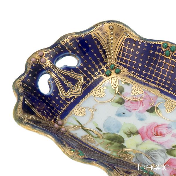 【1点限り】オールドノリタケ 金盛り コバルトジュール 薔薇文両手付長方形型 メープルリーフ印 1891-1912