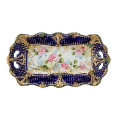 1点限り】オールドノリタケ 金盛り コバルトジュール 薔薇文両手付