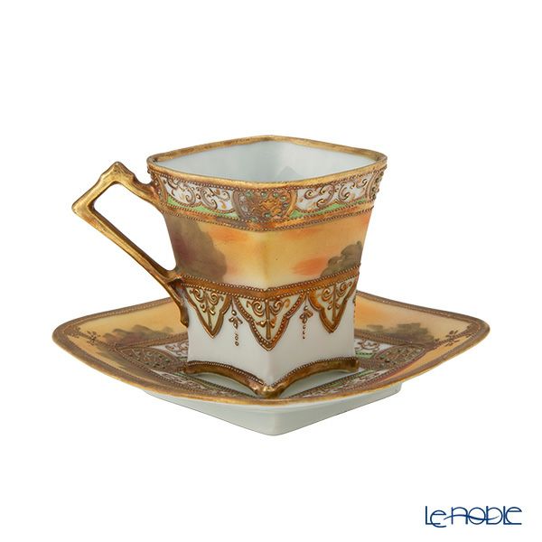 【1点限り】オールドノリタケ 金盛り ドーム風 湖水風景文 ダイヤ型カップ＆ソーサー メープルリーフ印 1891-1911