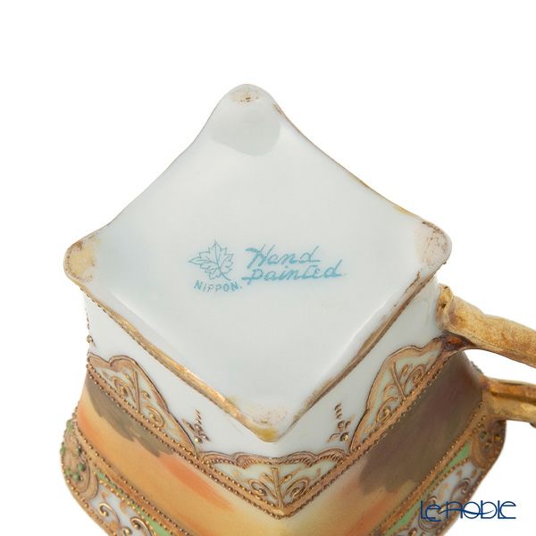 【1点限り】オールドノリタケ 金盛り ドーム風 湖水風景文 ダイヤ型カップ＆ソーサー メープルリーフ印 1891-1911