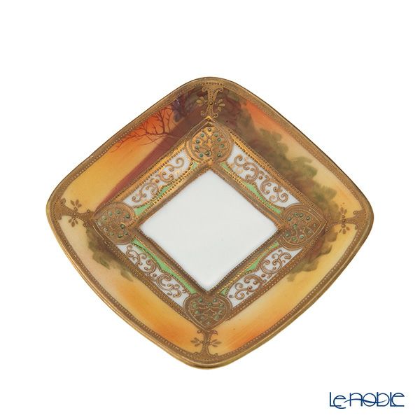 【1点限り】オールドノリタケ 金盛り ドーム風 湖水風景文 ダイヤ型カップ＆ソーサー メープルリーフ印 1891-1911