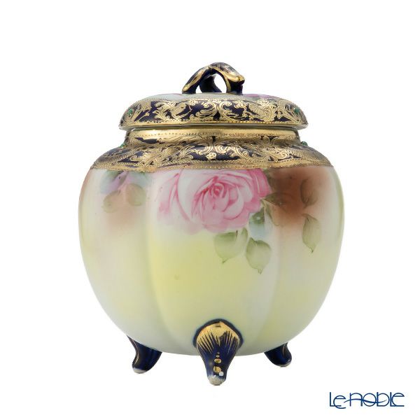 【1点限り】オールドノリタケ 金盛り コバルトジュール 菓子入れ蓋物 薔薇文三つ足付 メープルリーフ印 1891-1911