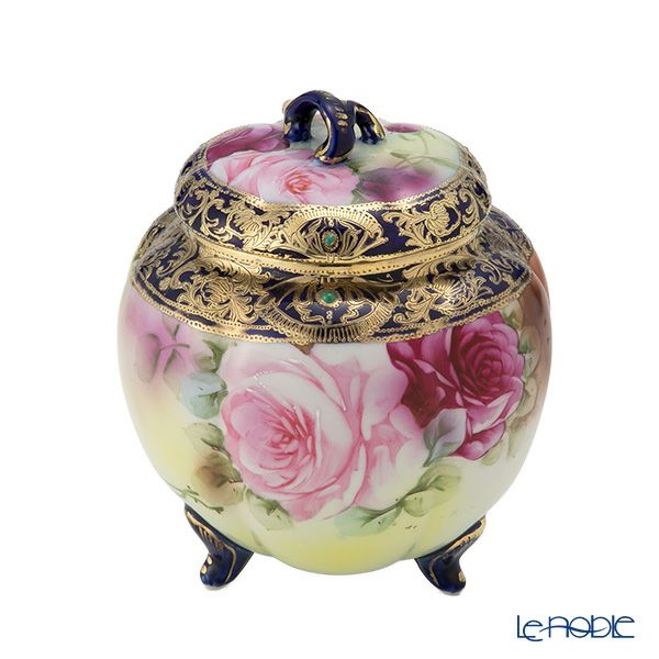 【1点限り】オールドノリタケ 金盛り コバルトジュール 菓子入れ蓋物 薔薇文三つ足付 メープルリーフ印 1891-1911