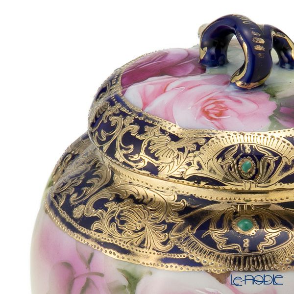 【1点限り】オールドノリタケ 金盛り コバルトジュール 菓子入れ蓋物 薔薇文三つ足付 メープルリーフ印 1891-1911