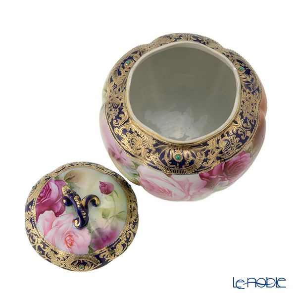 【1点限り】オールドノリタケ 金盛り コバルトジュール 菓子入れ蓋物 薔薇文三つ足付 メープルリーフ印 1891-1911