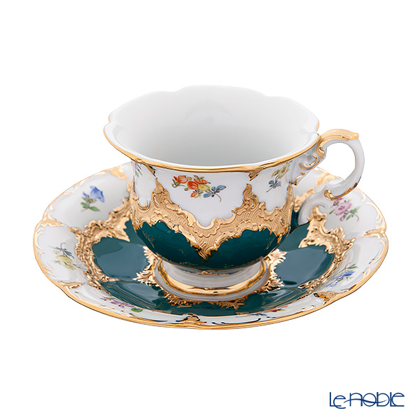 【メーカー取り寄せ商品】マイセン（Meissen） 宮廷の小花 緑金箔 コーヒーカップ＆ソーサー B-Form 200ml 取手半金 014079／15582