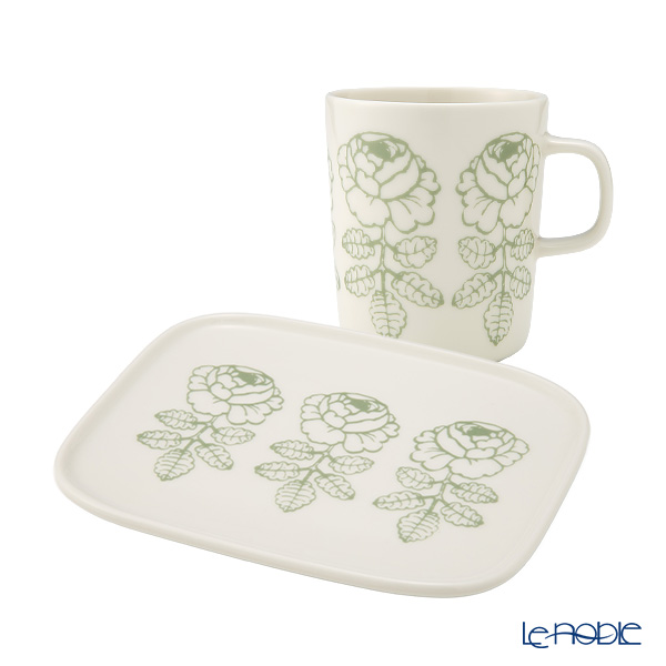 マリメッコ（marimekko） Vihkiruusu ヴィヒキルース／ウェディングローズ 2点セット マグカップ 250ml ＆ プレート15.5×12.5cm ホワイト×セージ