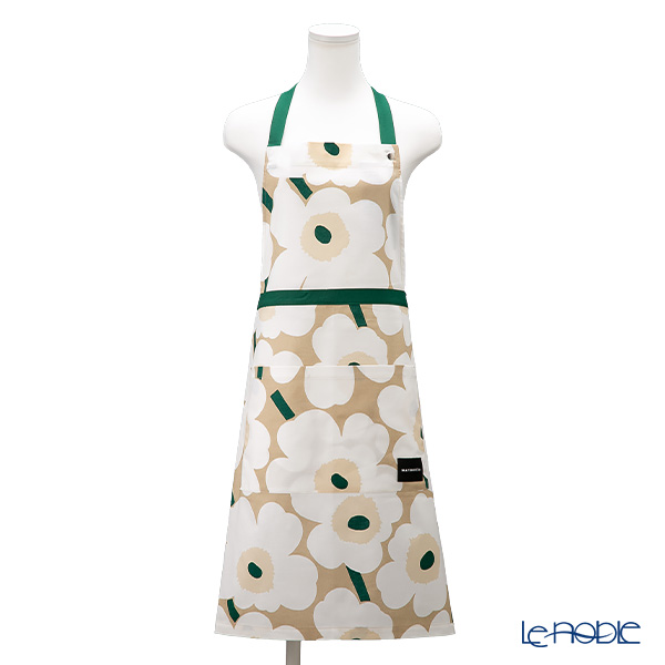 マリメッコ（marimekko） Pieni Unikko ピエニ ウニッコ エプロン サンド×ホワイト×エメラルド 着丈84×身幅83cm コットン 075948-867／26AW