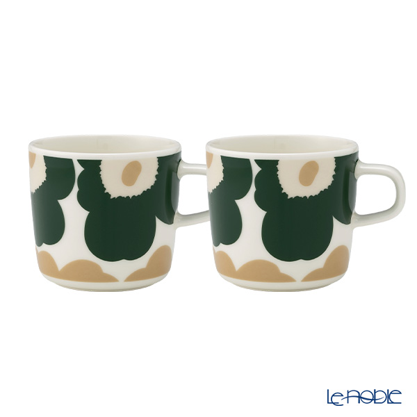 マリメッコ（marimekko） Unikko ウニッコ／けしの花 コーヒーカップ 200ml ホワイト×ダークグリーン×ベージュ ペア