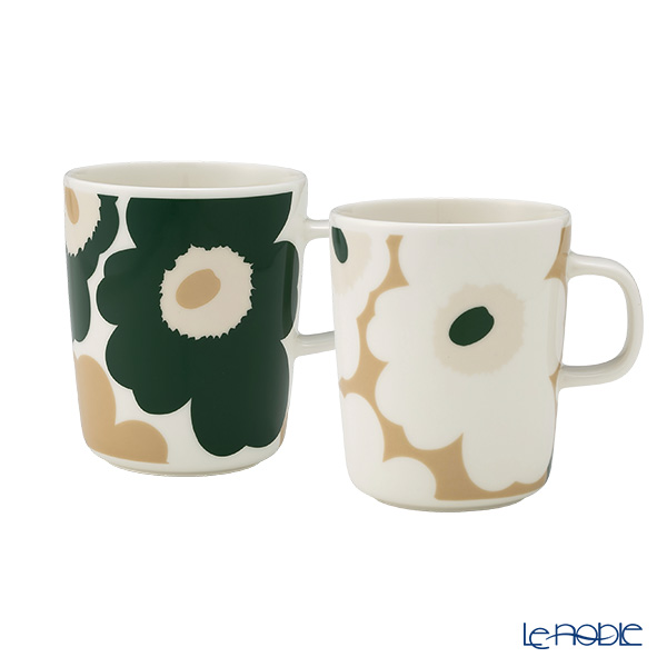 マリメッコ（marimekko） Unikko ウニッコ／けしの花 マグカップ 250ml ホワイト×ベージュ×ダークグリーン 色違いペア